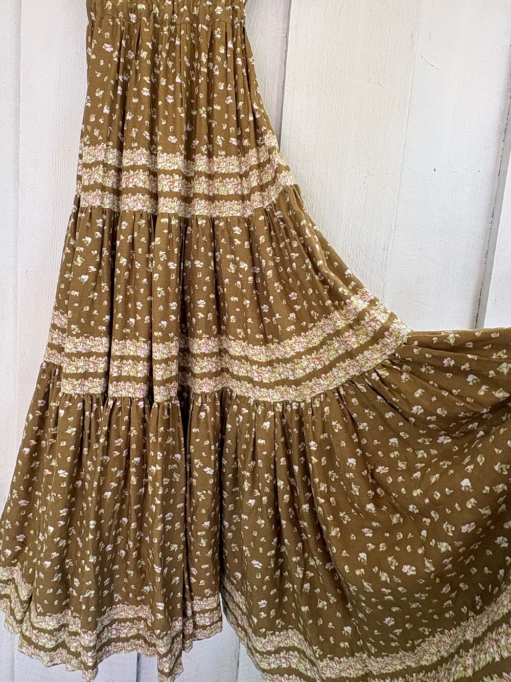 Free People Olive Brown Floral Tiered Maxi Dress